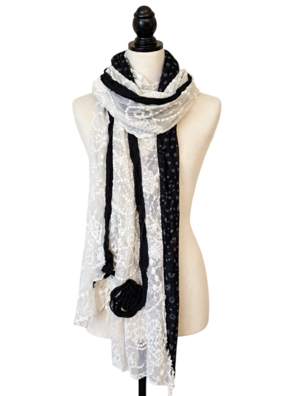 Women’s Cream and Black Floral Ethereal Cottage Scarf Fairy Embroidered Lacey